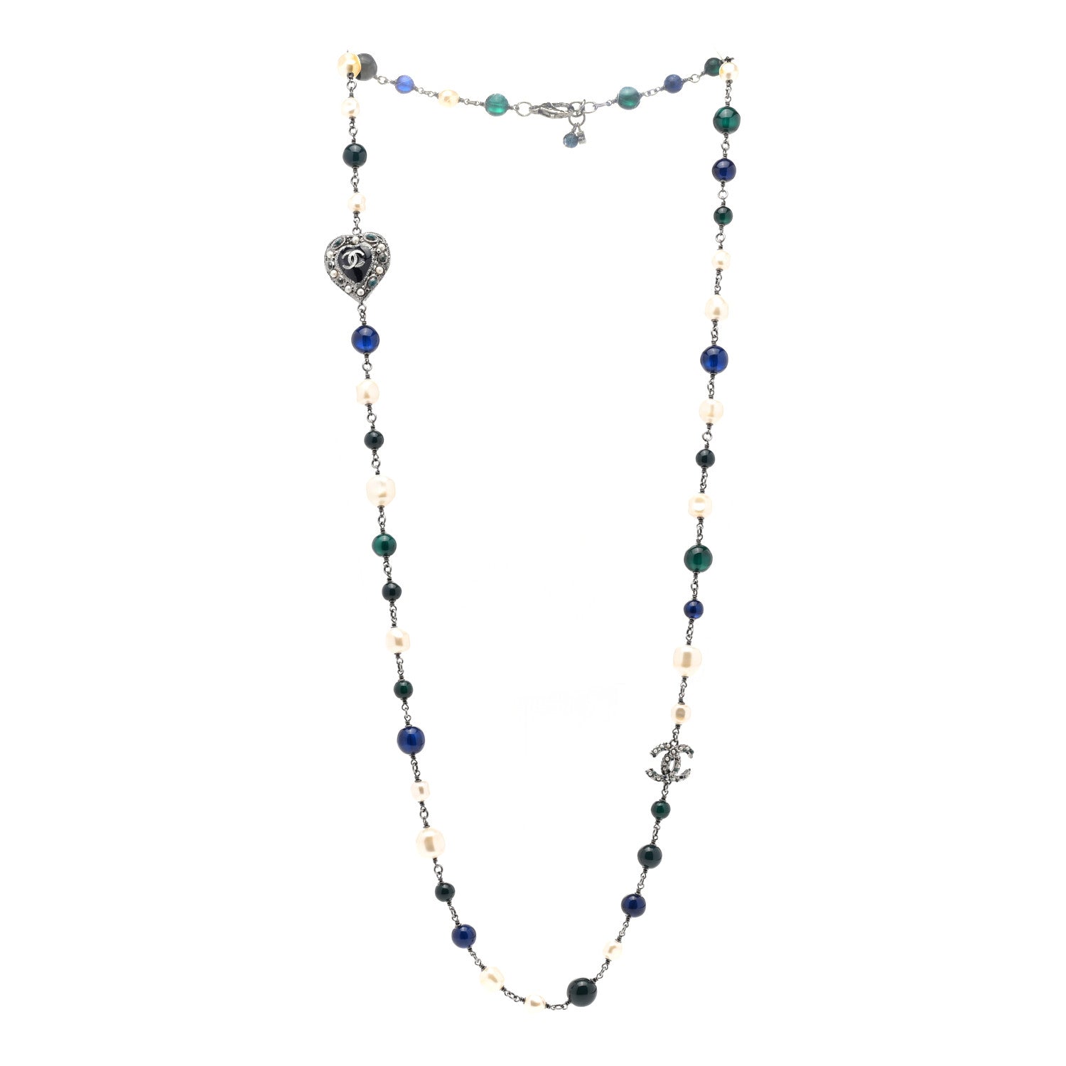 Chanel Pearl Resin Beaded CC Heart Long Necklace Ruthenium Multicolor 3 of 6