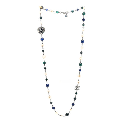 Chanel Pearl Resin Beaded CC Heart Long Necklace Ruthenium Multicolor 3 of 6