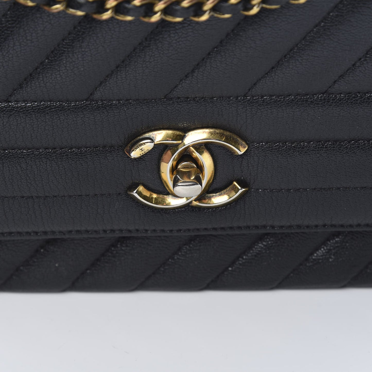 Shiny Goatskin Diagonal Quilted Small Flap Black