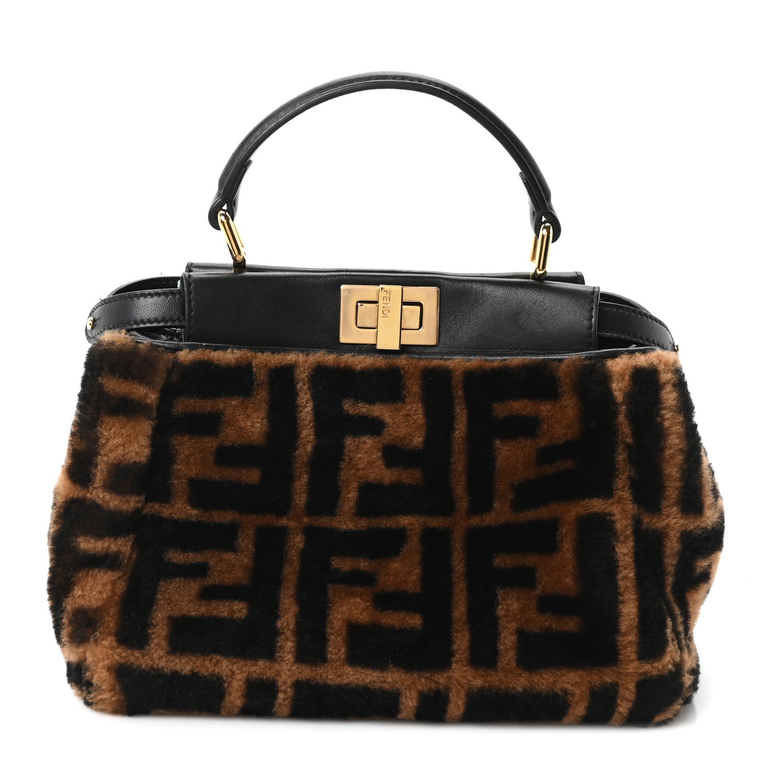 Fendi Shearling Nappa Macro FF 1974 Mini Peekaboo Iconic Satchel Tobacco Black 1 of 10