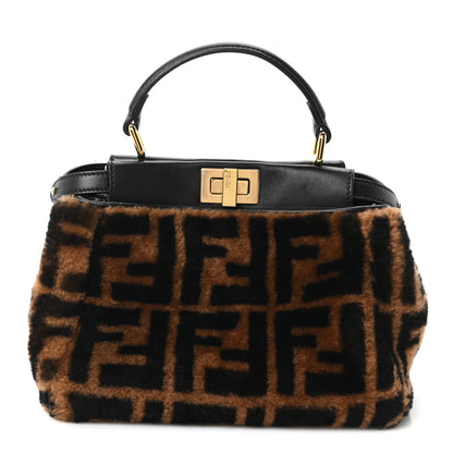 Fendi Shearling Nappa Macro FF 1974 Mini Peekaboo Iconic Satchel Tobacco Black 1 of 10