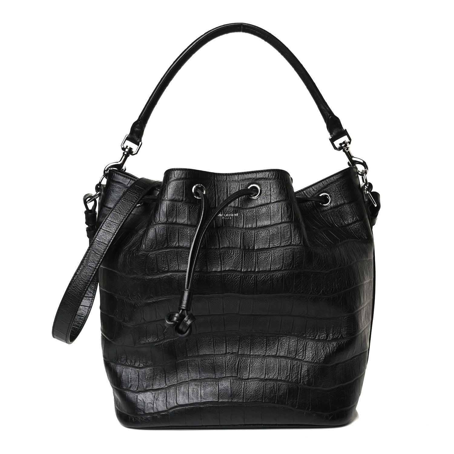 Saint Laurent Calfskin Crocodile Embossed Large Emmanuelle Bucket Bag Black 2 of 31