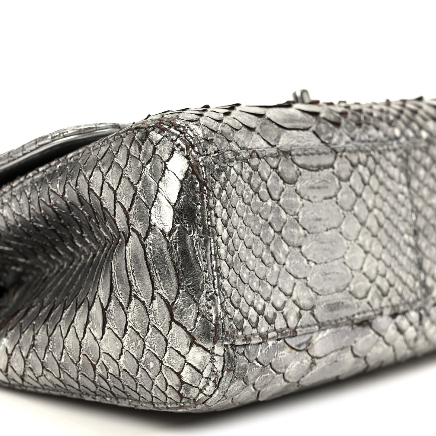 Metallic Snakeskin Medium Single Flap Silver