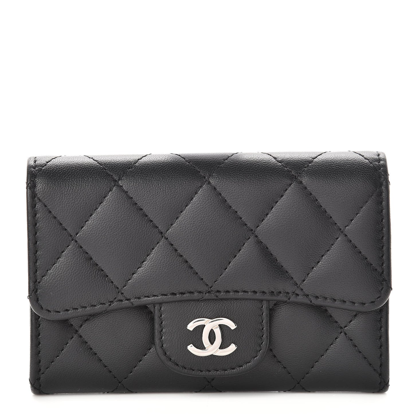 Lambskin Quilted Flap Card Holder Black