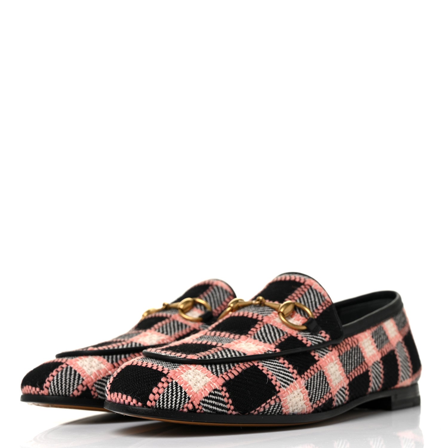 Gucci Tweed Check Horsebit Womens Jordaan Loafers 35 Black Pink Multicolor 3 of 9