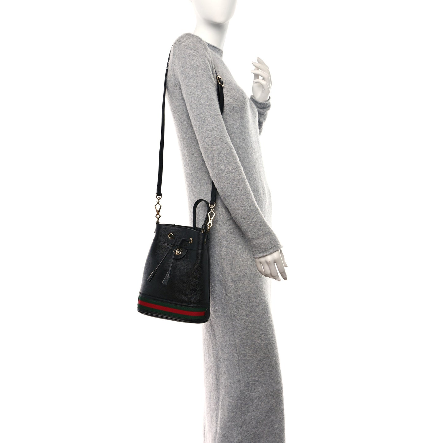 Glazed Textured Calfskin Web Small Ophidia Bucket Bag Black
