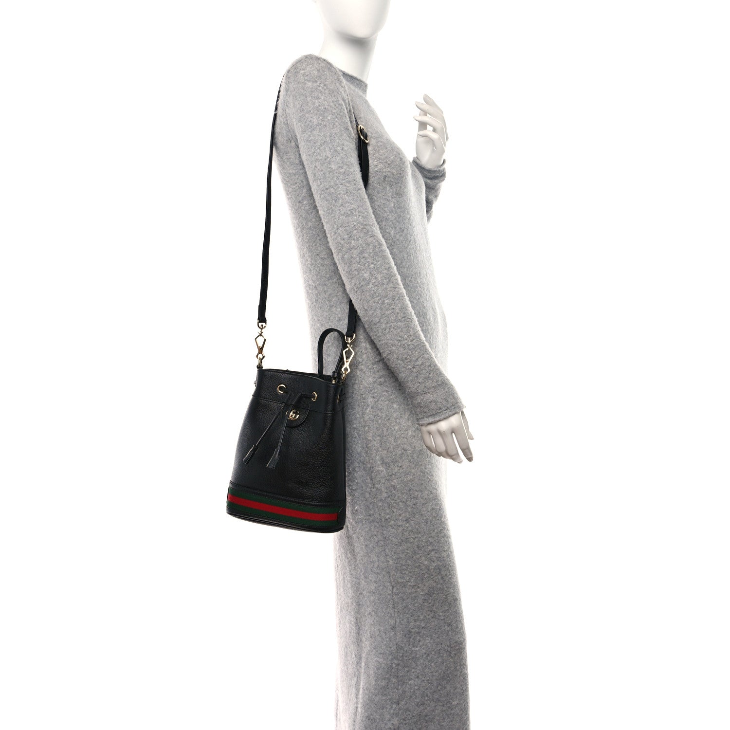 Gucci Glazed Textured Calfskin Web Small Ophidia Bucket Bag Black 2 of 10
