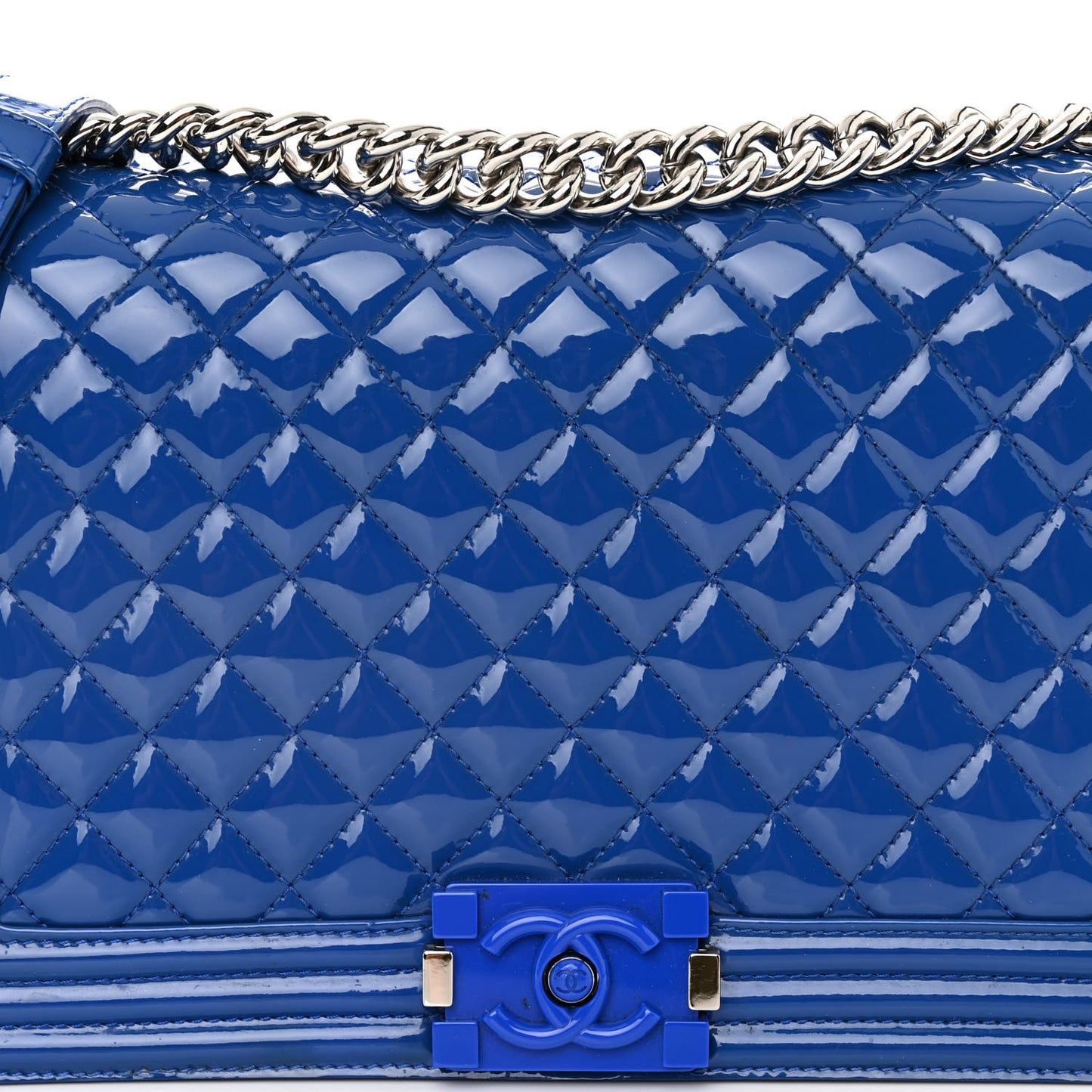 Patent Calfskin Quilted New Medium Plexiglass Boy Flap Blue