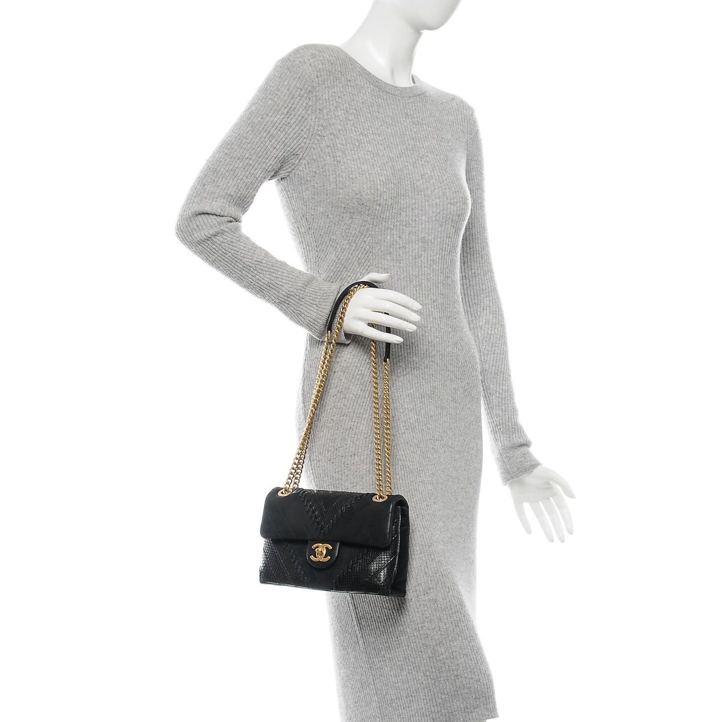 Iridescent Calfskin Python Patchwork Chevron Small Flap Black