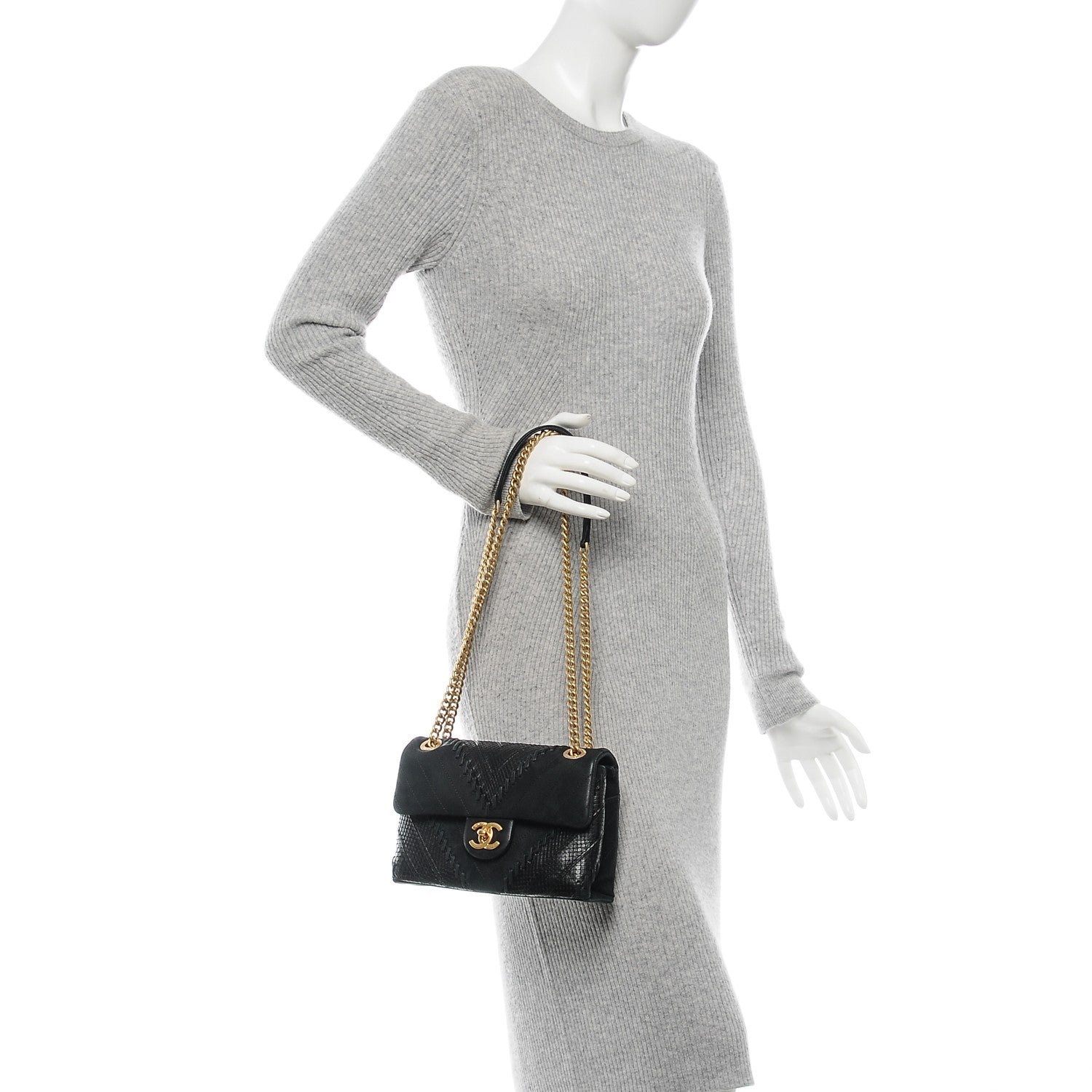 Chanel Iridescent Calfskin Python Patchwork Chevron Small Flap Black 2 of 7