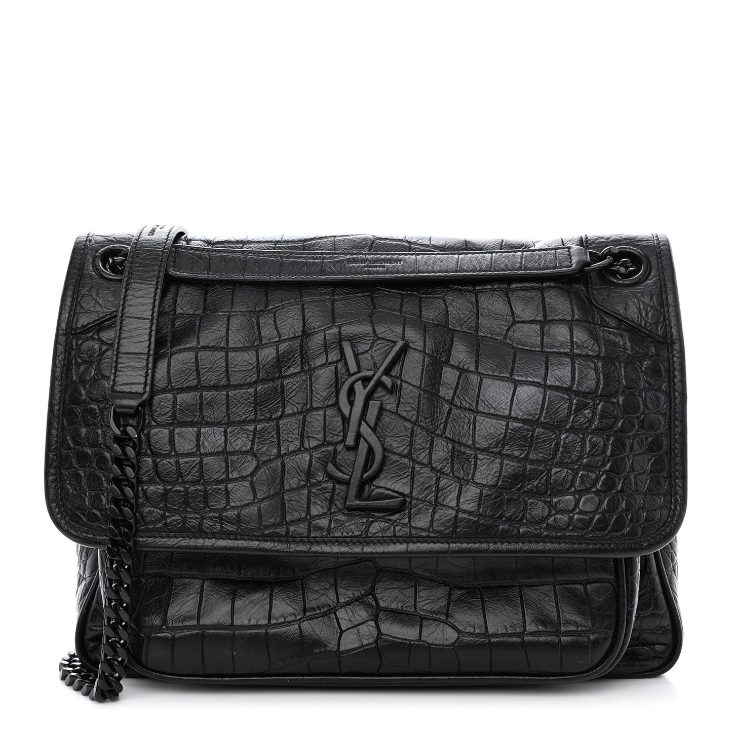 Crinkled Calfskin Crocodile Embossed Monogram Medium Niki Chain Satchel Black