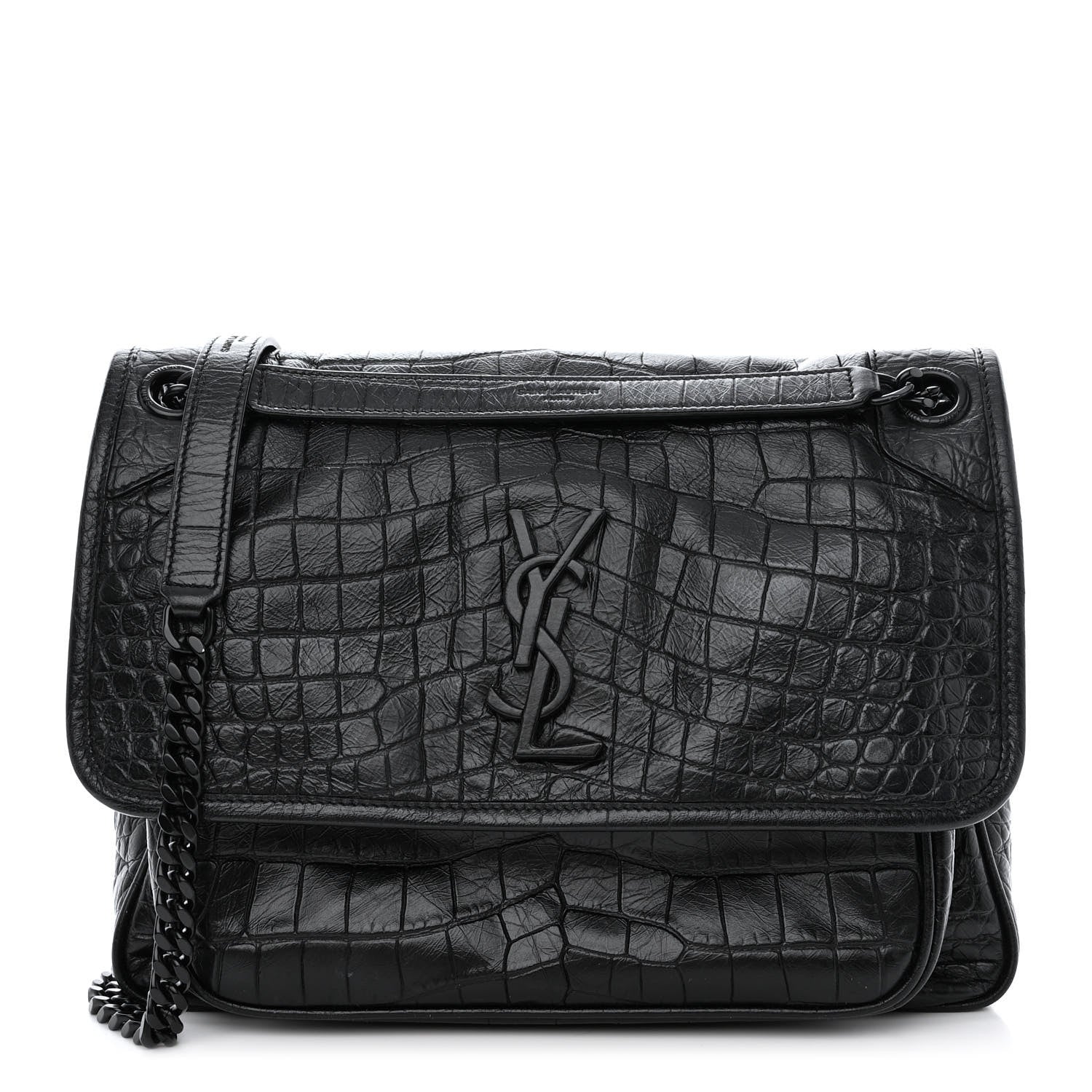 Saint Laurent Crinkled Calfskin Crocodile Embossed Monogram Medium Niki Chain Satchel Black 1 of 10