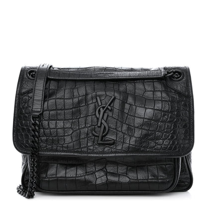 Saint Laurent Crinkled Calfskin Crocodile Embossed Monogram Medium Niki Chain Satchel Black 1 of 10