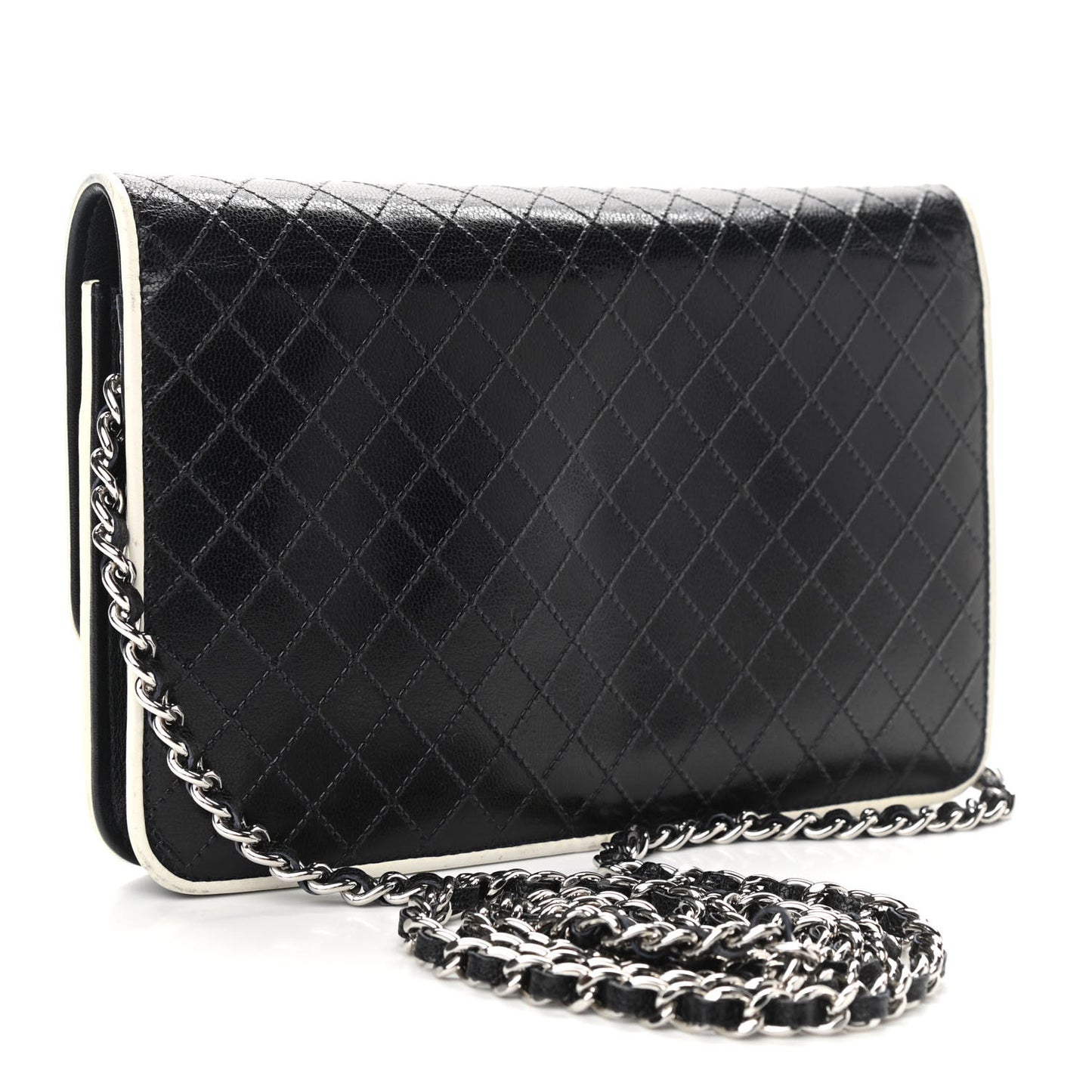 Grained Calfskin Diamond Stitched Wallet On Chain WOC Dark Navy White