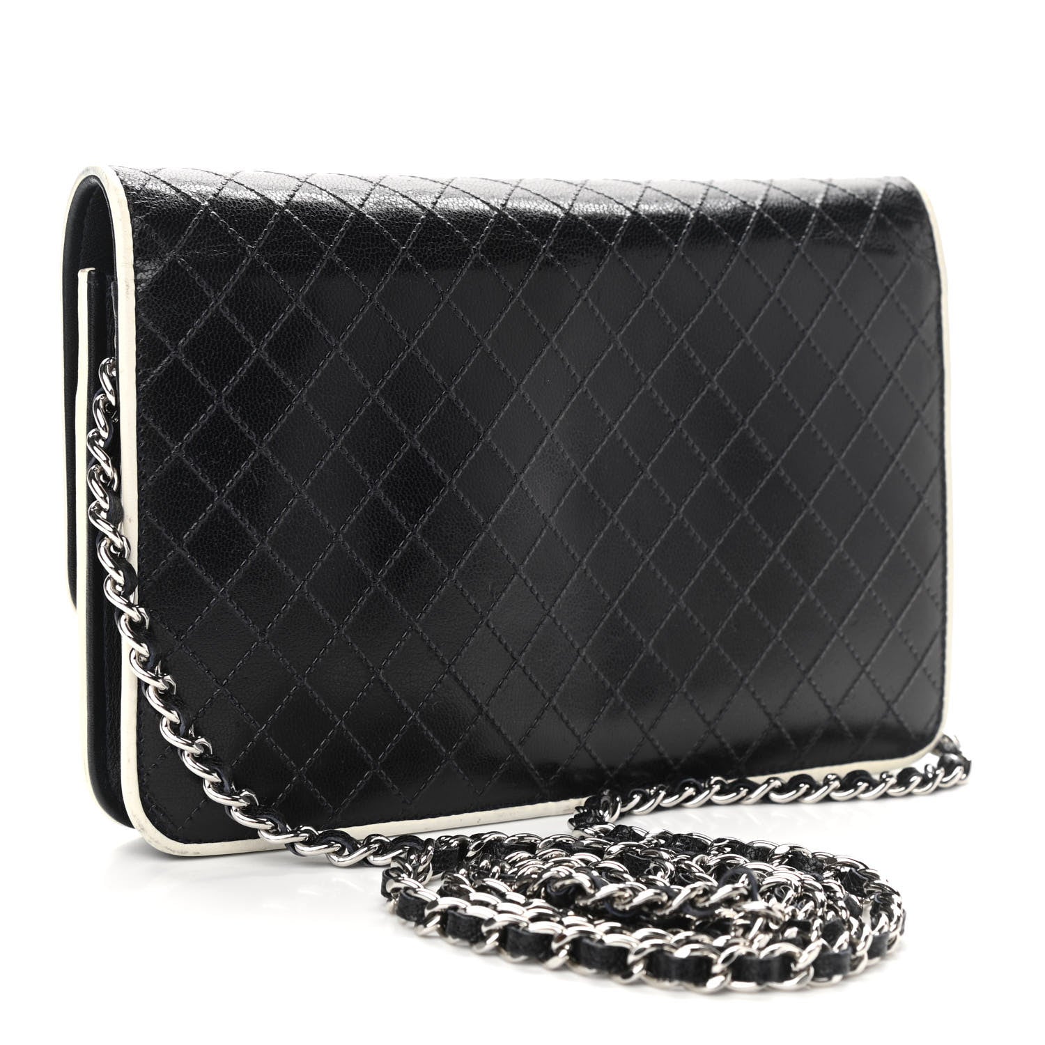 Chanel Grained Calfskin Diamond Stitched Wallet On Chain WOC Dark Navy White 3 of 14