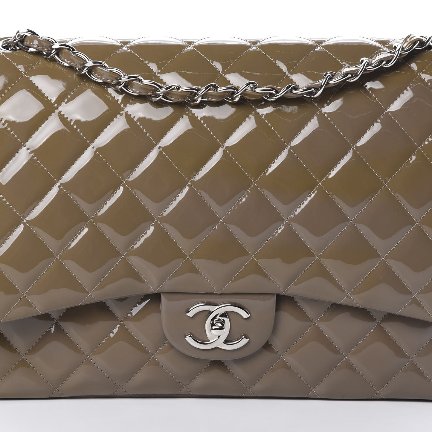Patent Calfskin Quilted Maxi Double Flap Grey
