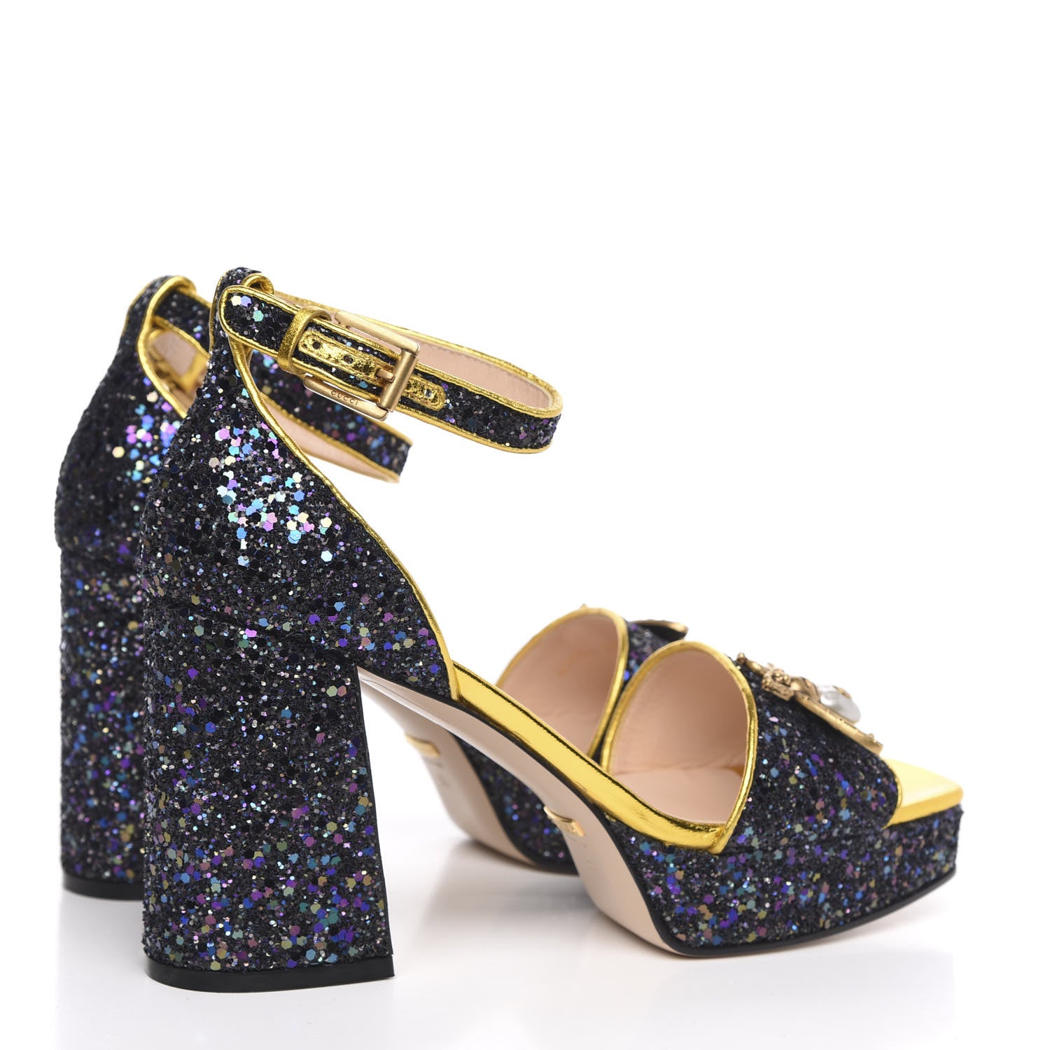 Gucci Glitter Soko Bee Platform Mid Heel Sandals 38 Notte Oro Multicolor 4 of 11