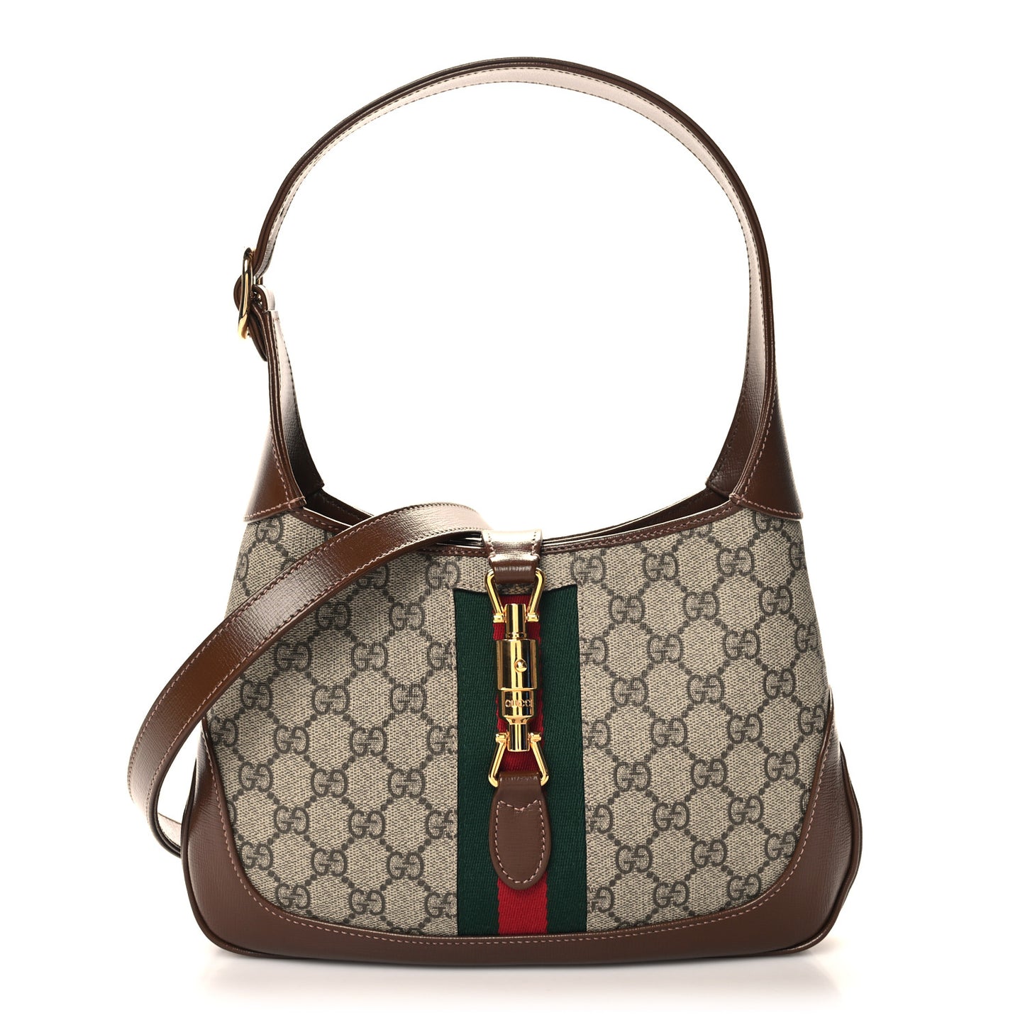GG Supreme Monogram Azalea Calfskin Web Small Jackie 1961 Hobo Beige Ebony Brown Sugar