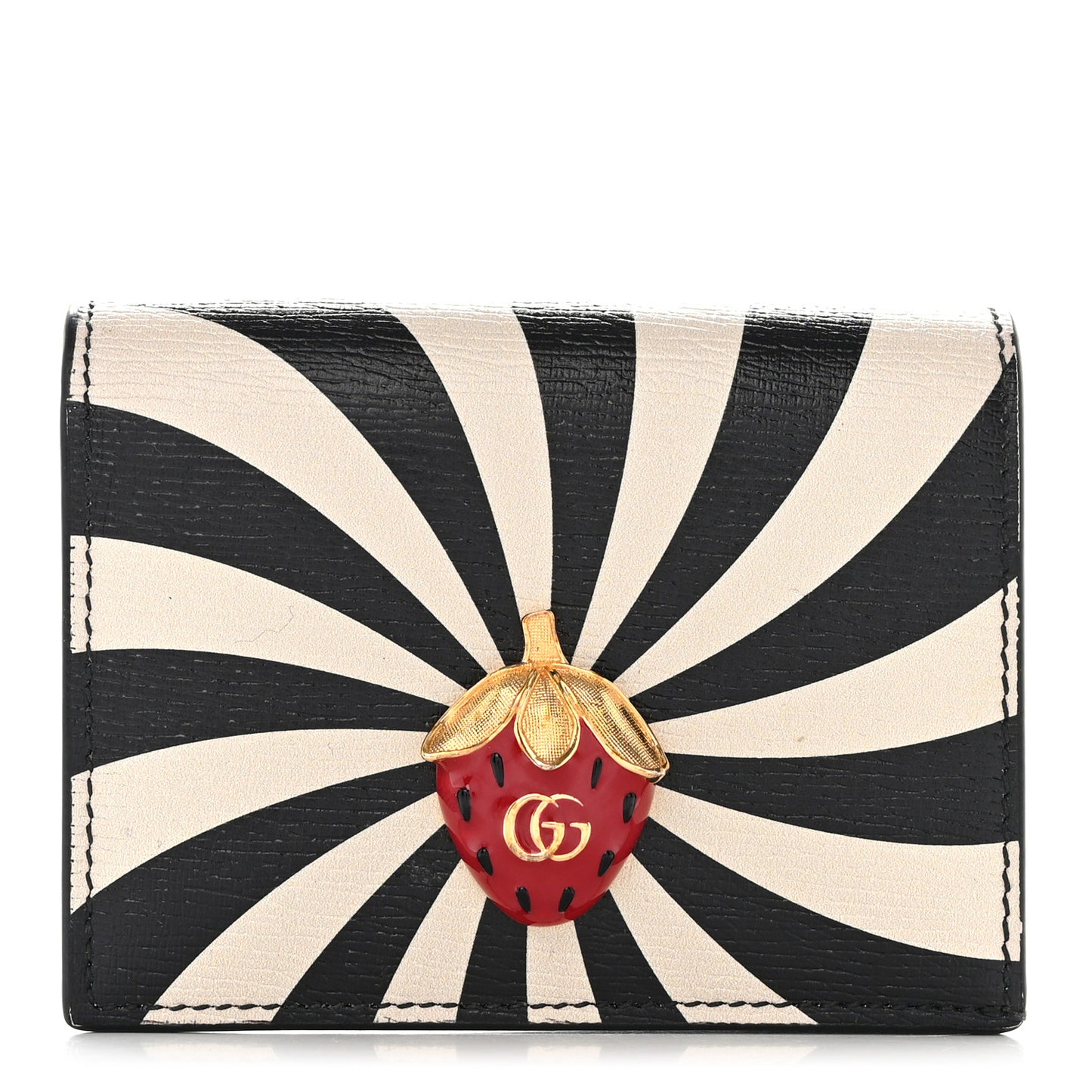 Textured Calfskin Double G Strawberry Card Case Black White