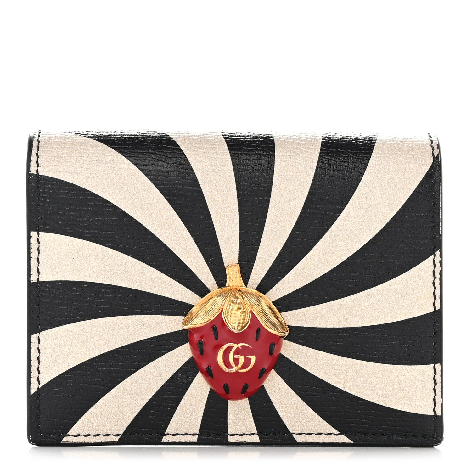 Gucci Textured Calfskin Double G Strawberry Card Case Black White 1 of 9
