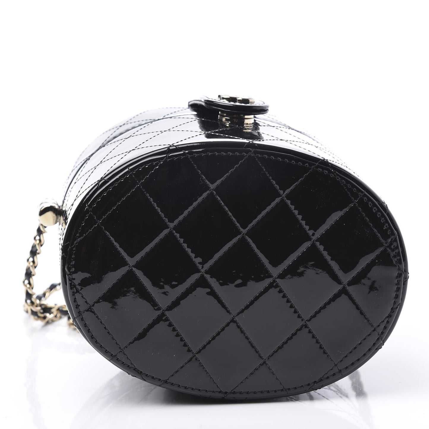Patent Quilted Round Clutch With Chain Black