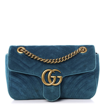 Gucci Velvet Matelasse Small GG Marmont Shoulder Bag Pavone Cyan 1 of 8