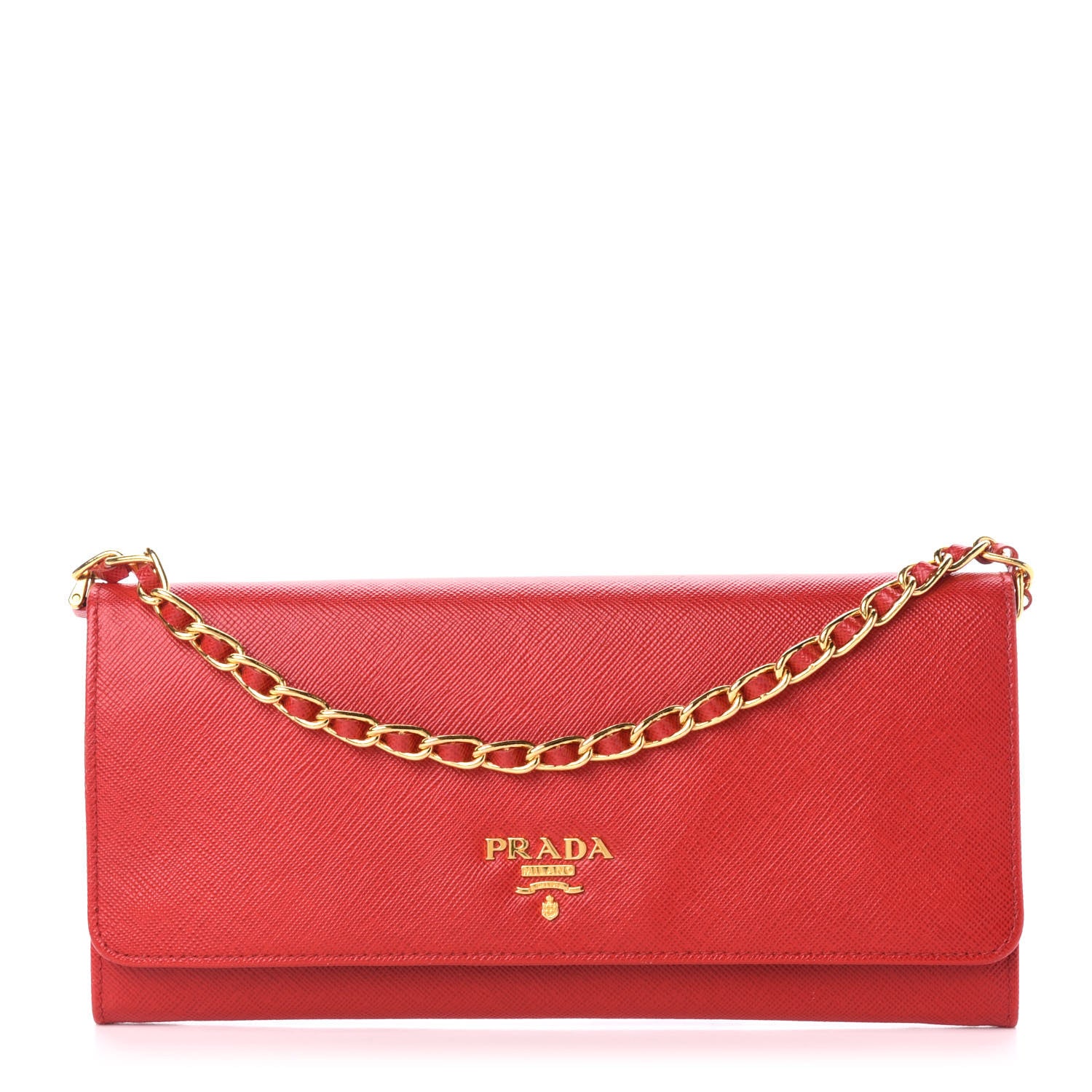 Prada Saffiano Metal Oro Chain Wallet Fuoco 1 of 10