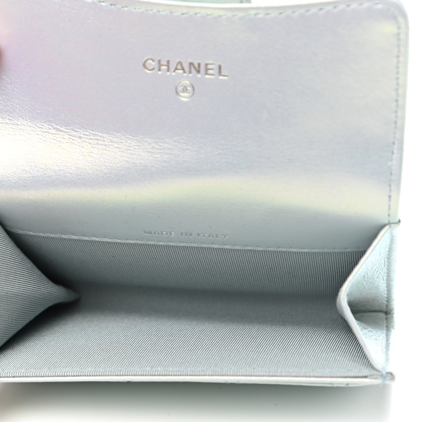 Iridescent Calfskin Quilted Flap Card Holder Light Blue