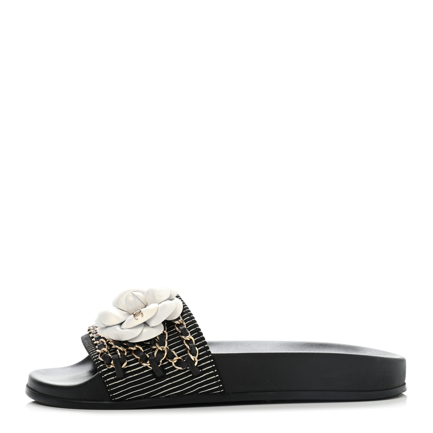 Calfskin Chain Camellia Flat Sandals 36 Black