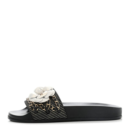 Chanel Calfskin Chain Camellia Flat Sandals 36 Black 1 of 9