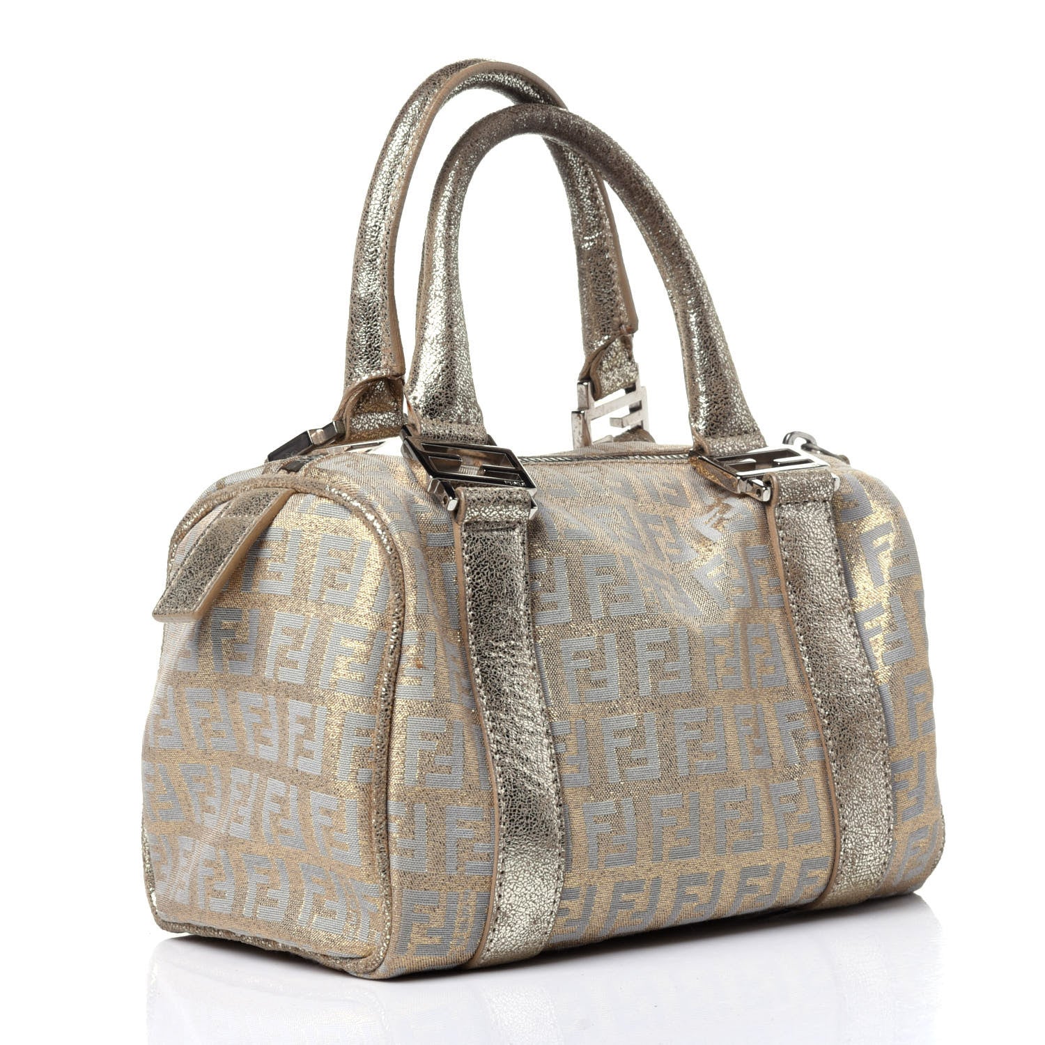 Fendi Metallic Jacquard Zucchino Mini Forever Boston Gold Silver 3 of 11