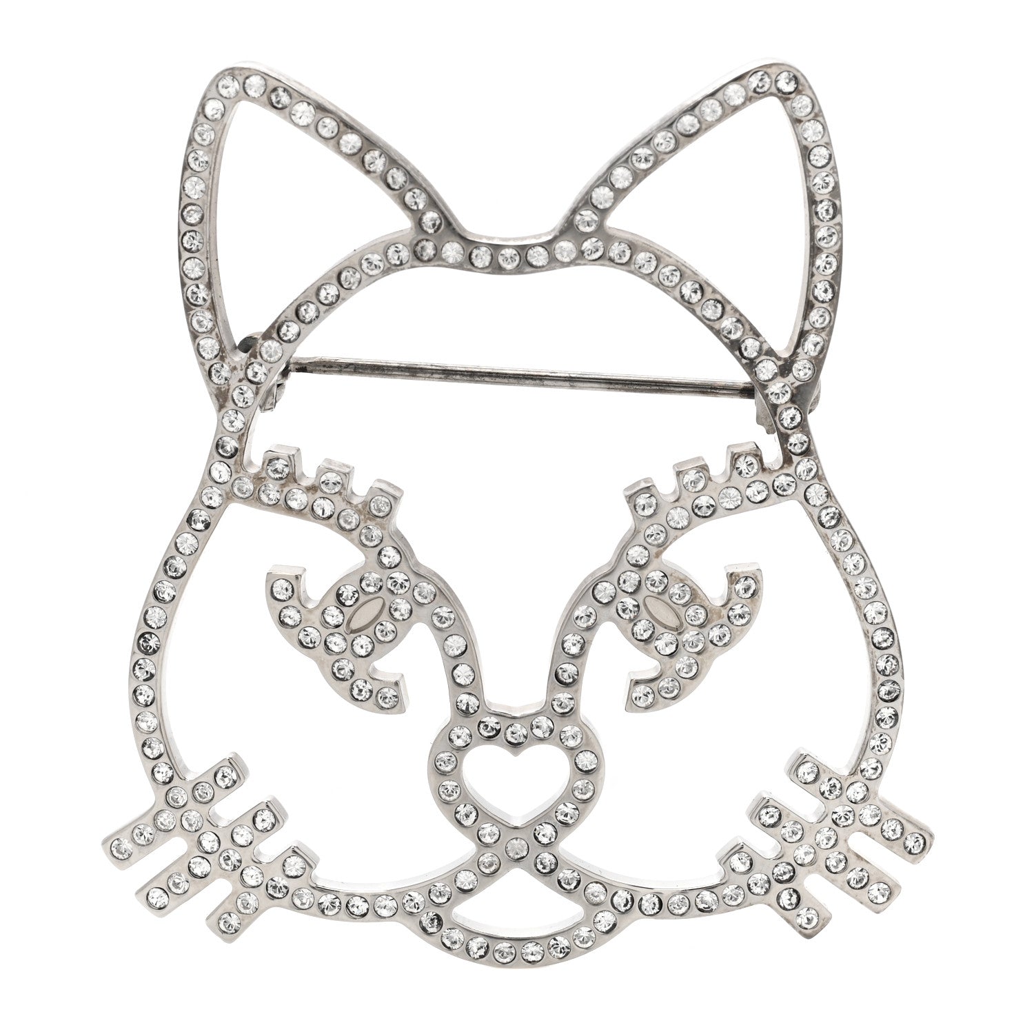 Chanel Strass Crystal Emoji Choupette Cat Brooch Silver 1 of 4