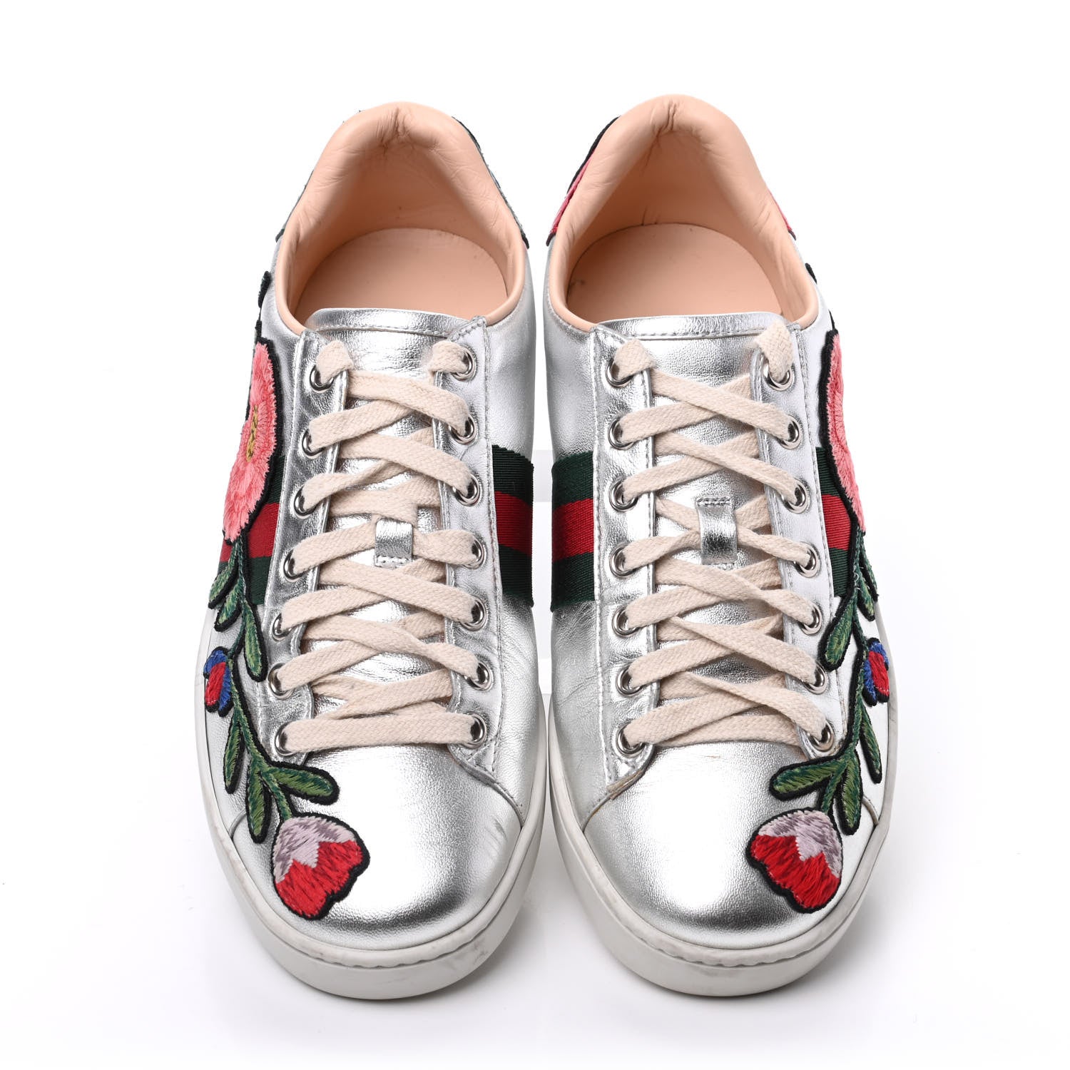 Gucci Metallic Calfskin Floral Embroidered Ace Sneakers 37 Silver 5 of 19