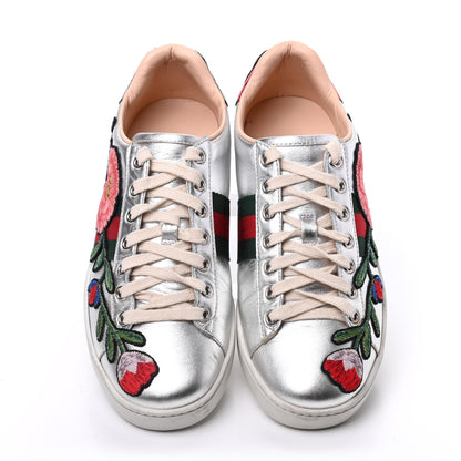Gucci Metallic Calfskin Floral Embroidered Ace Sneakers 37 Silver 5 of 19