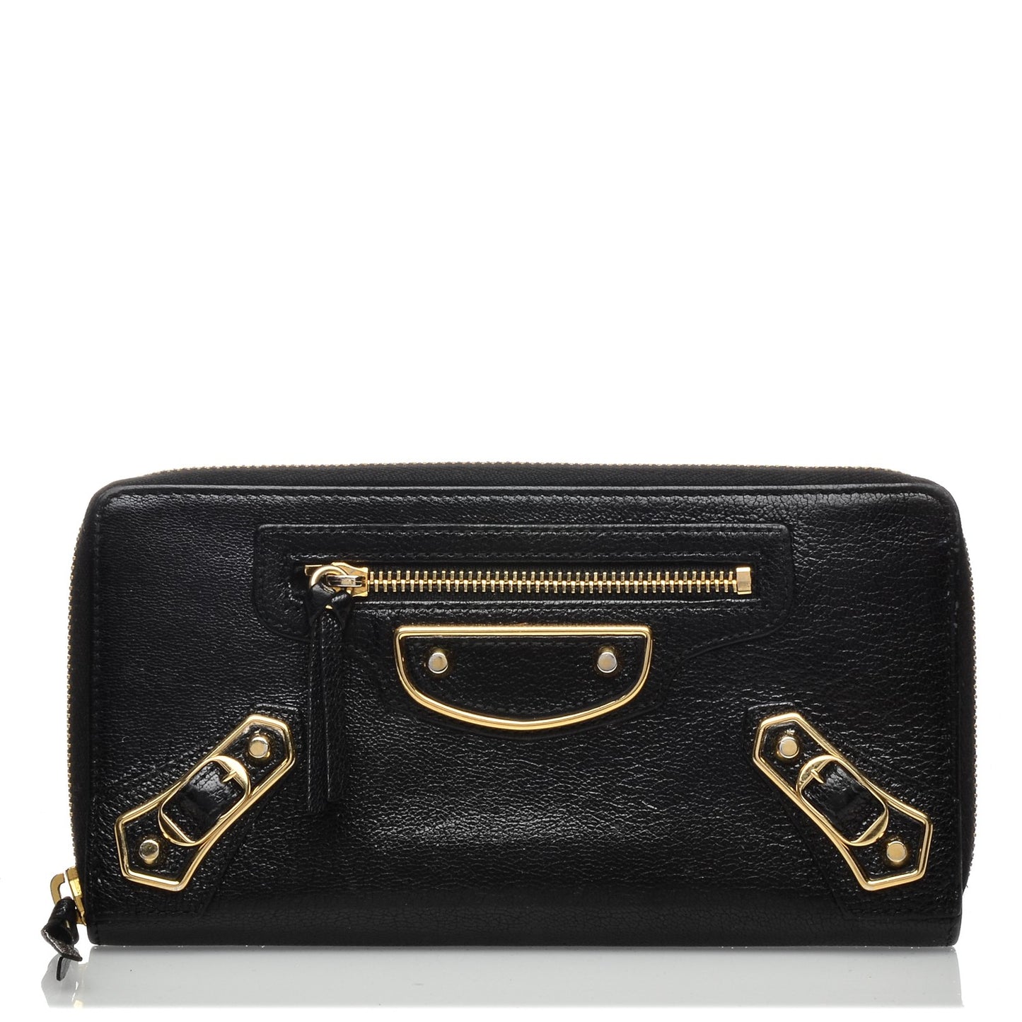 Chevre Gold Metallic Edge Hardware Zip Around Wallet Black