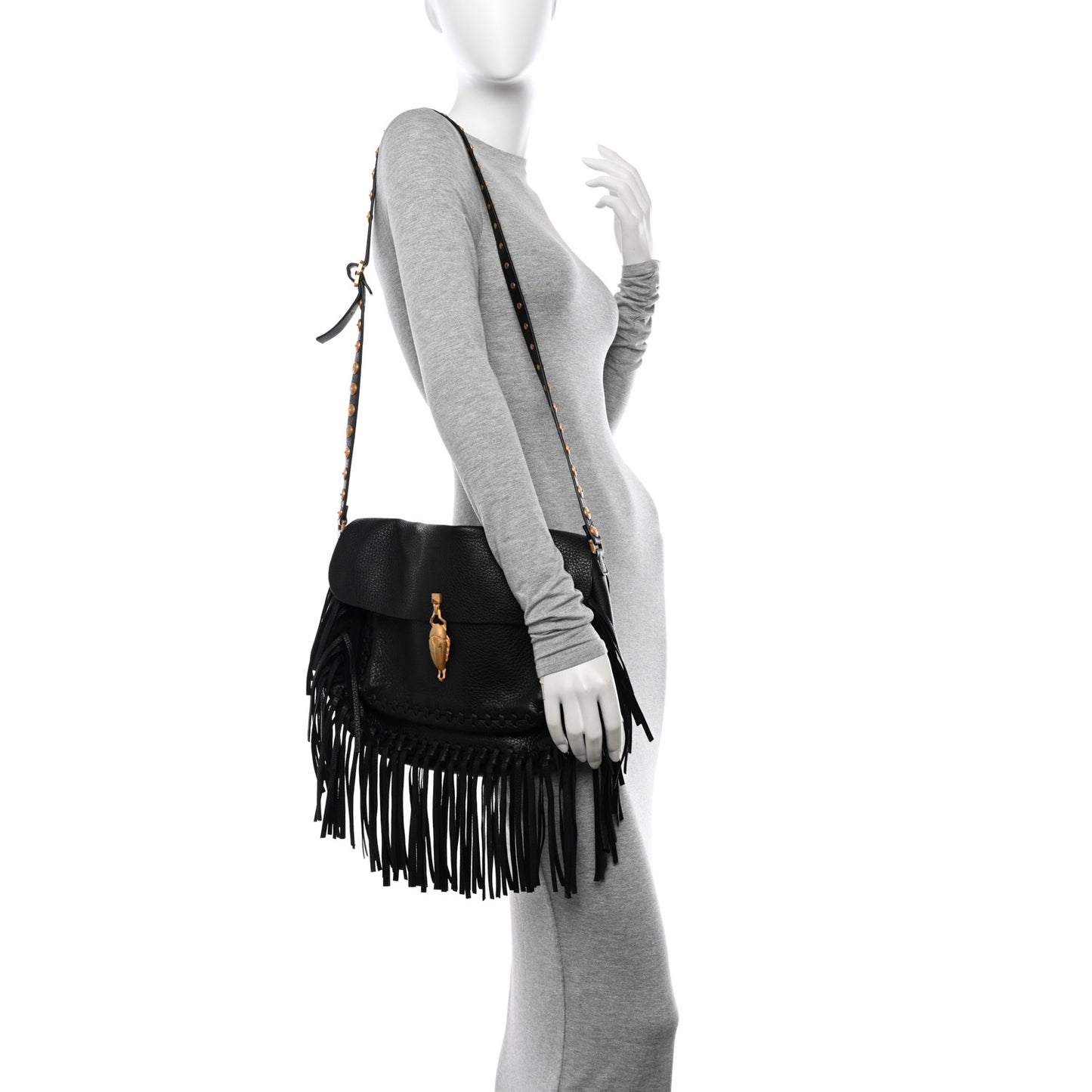 Grained Calfskin C Rockee Scarab Fringe Shoulder Bag Black