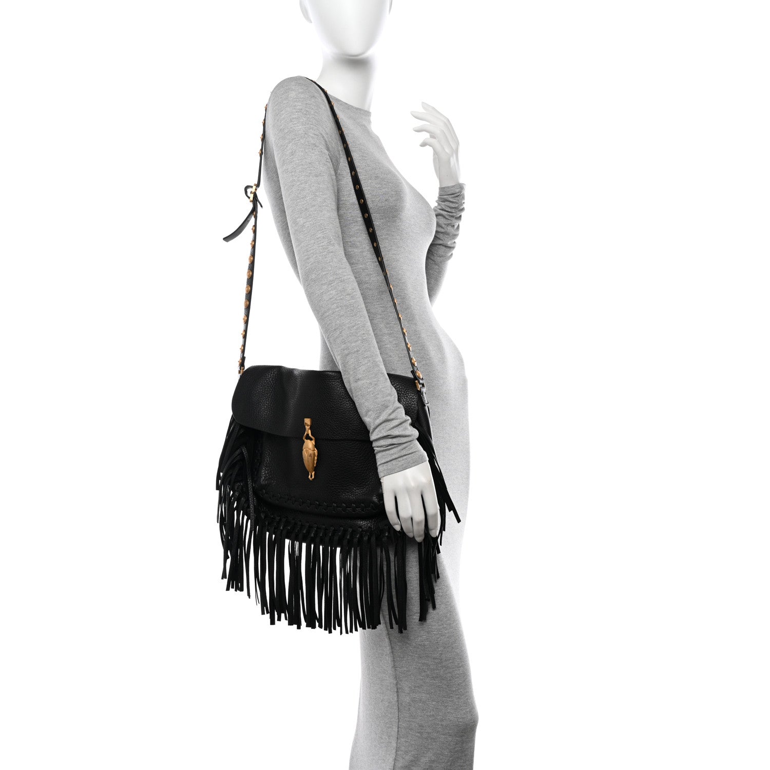 Valentino Garavani Grained Calfskin C Rockee Scarab Fringe Shoulder Bag Black 3 of 10