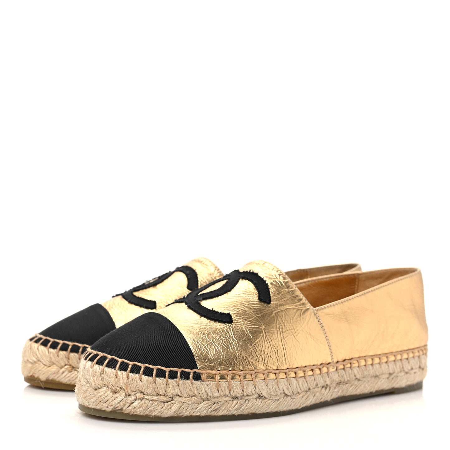 Laminated Lambskin Grosgrain CC Espadrilles 37 Gold Black