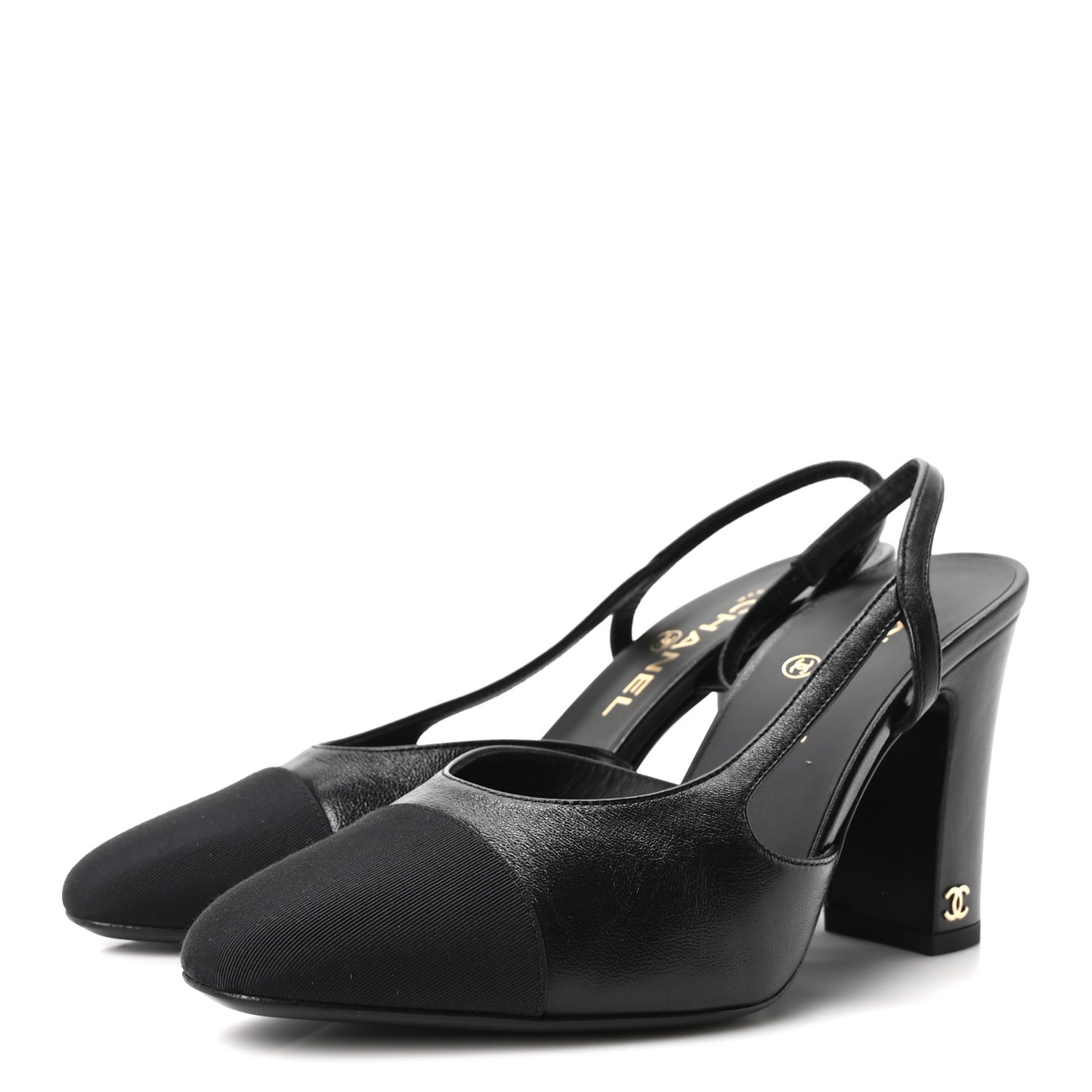 Lambskin Grosgrain Cap Toe CC Slingback Pumps 38.5 Black