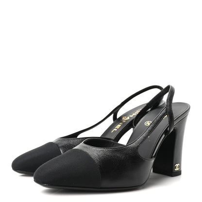 Chanel Lambskin Grosgrain Cap Toe CC Slingback Pumps 38.5 Black 4 of 9