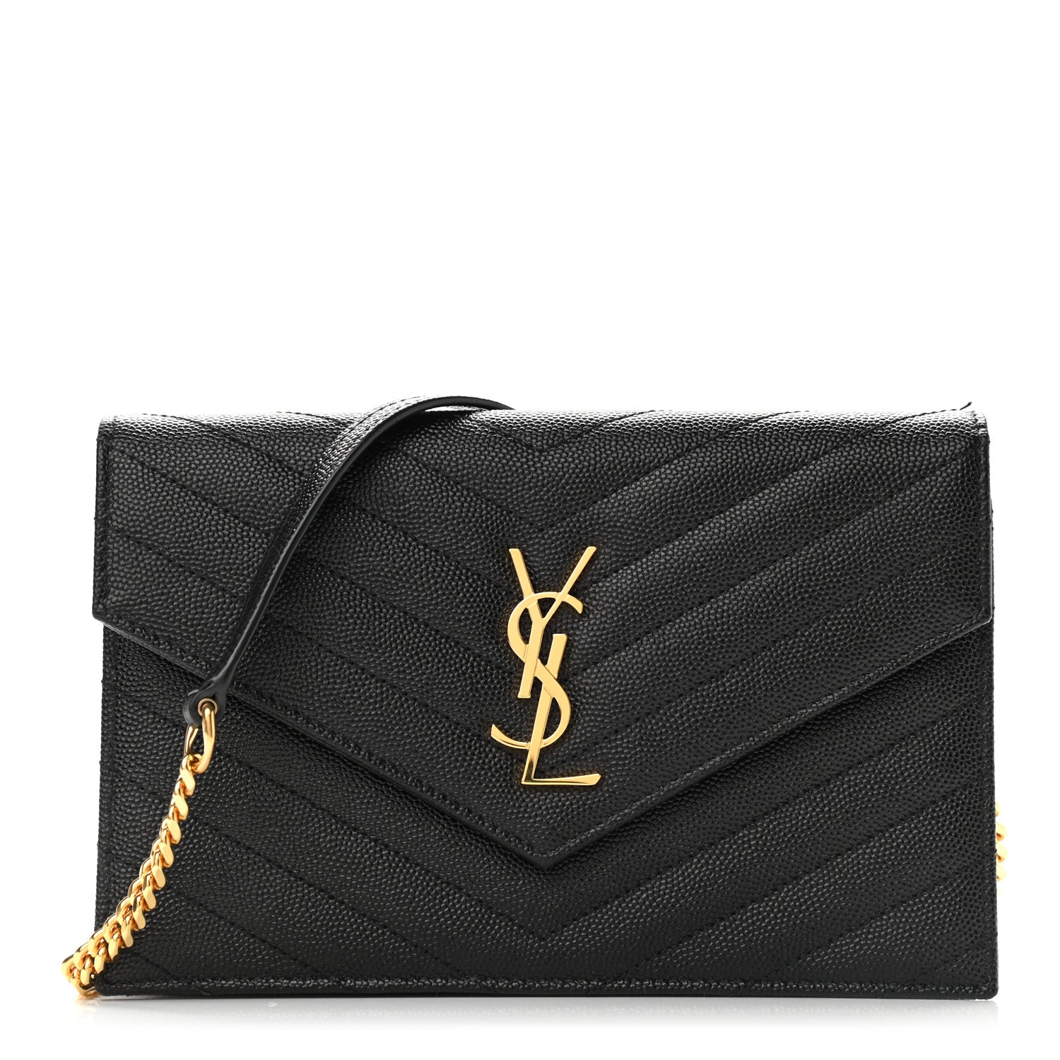 Saint Laurent Grain De Poudre Matelasse Chevron Monogram Envelope Chain Wallet Black 1 of 9