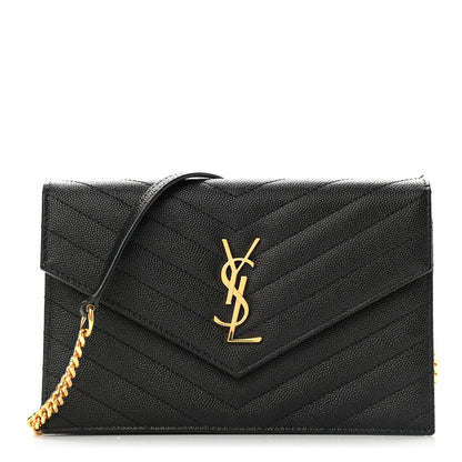 Saint Laurent Grain De Poudre Matelasse Chevron Monogram Envelope Chain Wallet Black 1 of 9