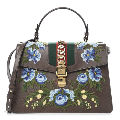 Gucci Calfskin Embroidered Medium Sylvie Top Handle Bag New Acero Multicolor 1 of 11