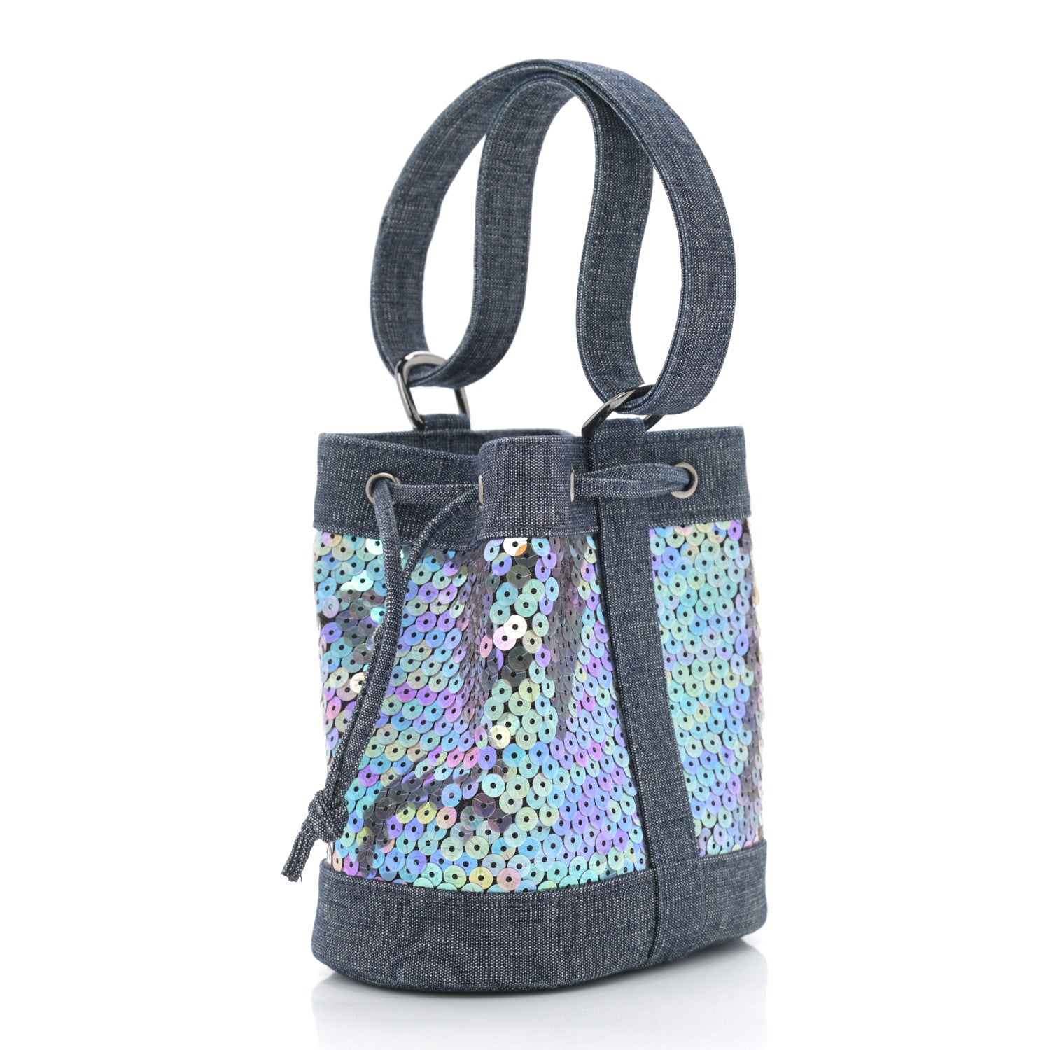 Chanel Sequin Denim Small Drawstring Bucket Bag Blue 3 of 12