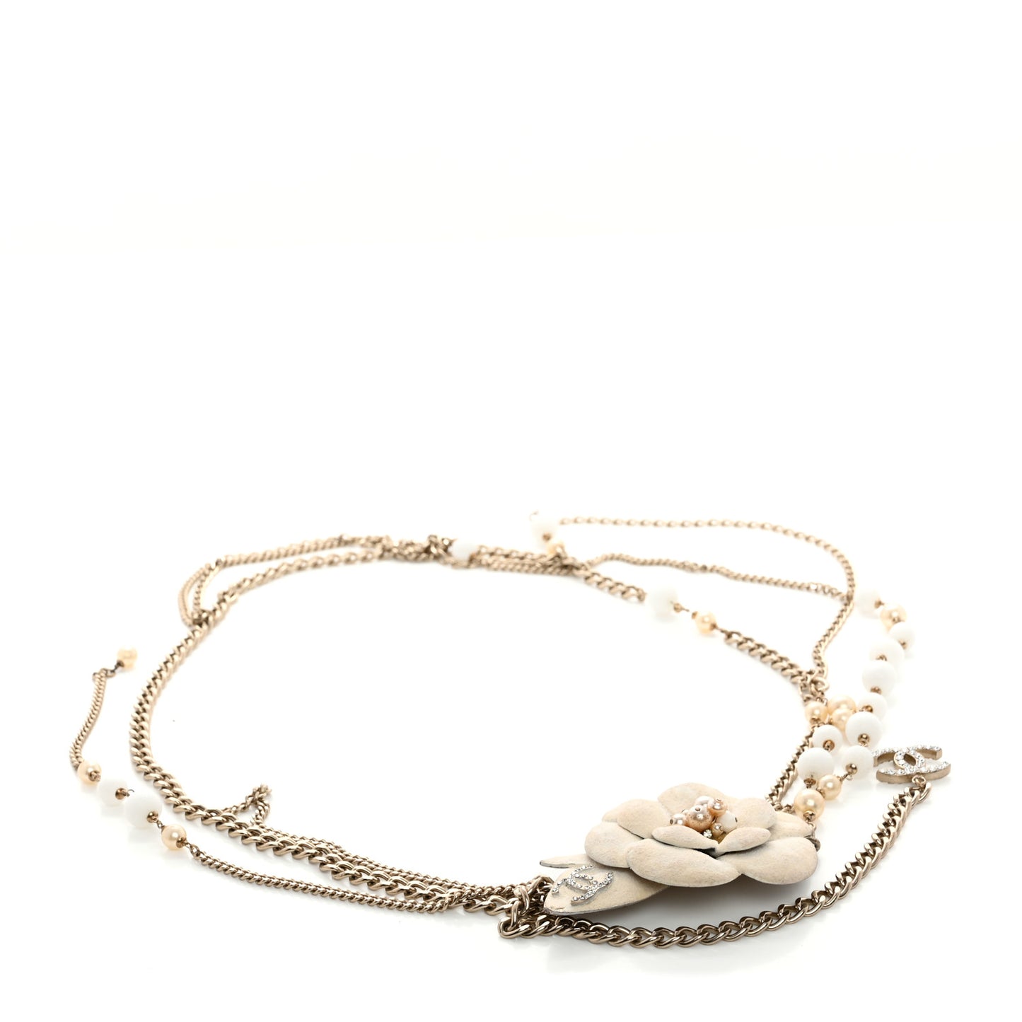 Pearl Crystal Beaded Camellia Chain Belt Gold White
