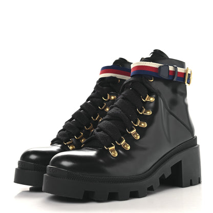 Gucci Calfskin Sylvie Web Womens Lace Up Combat Boots 38.5 Black 4 of 9