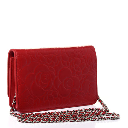 Chanel Lambskin Camellia Embossed Wallet On Chain WOC Red 2 of 4