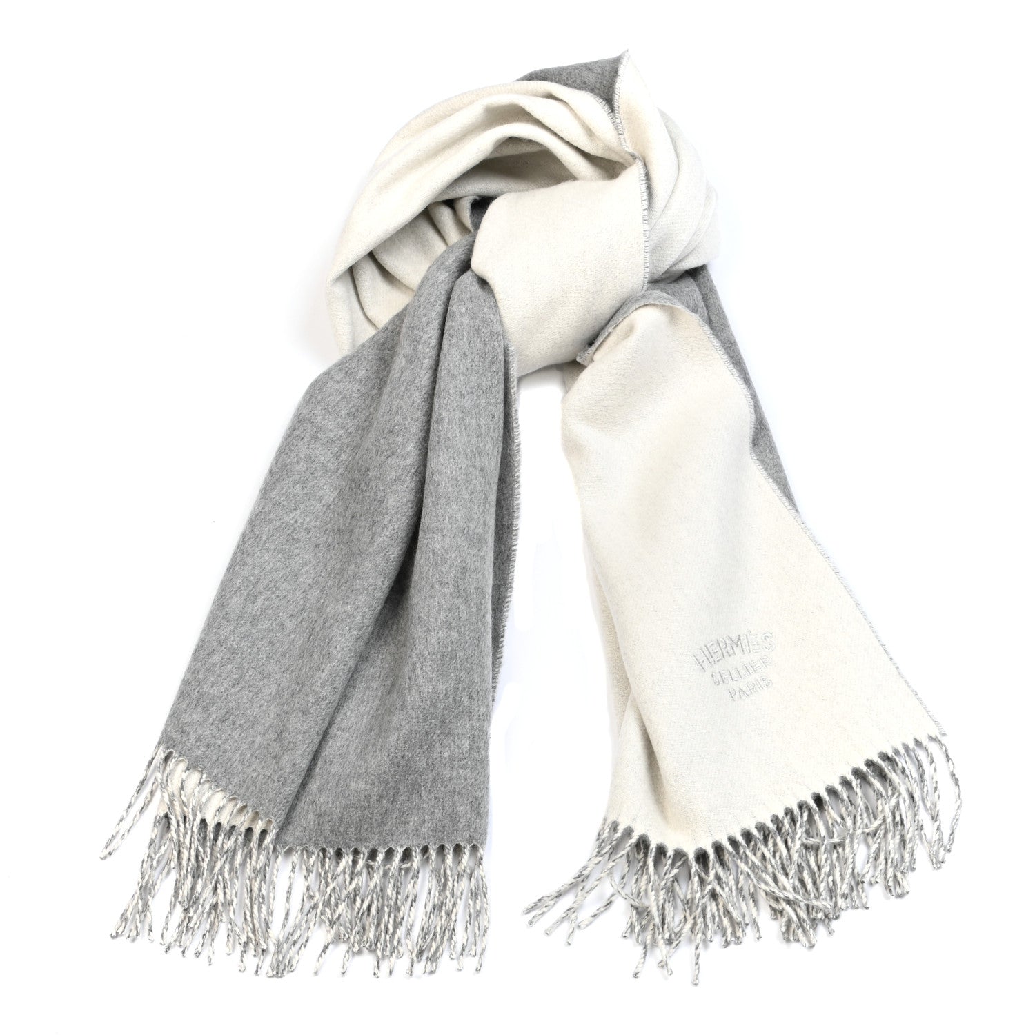 Hermes Cashmere Fringe Double Face Stole White Gris 882485