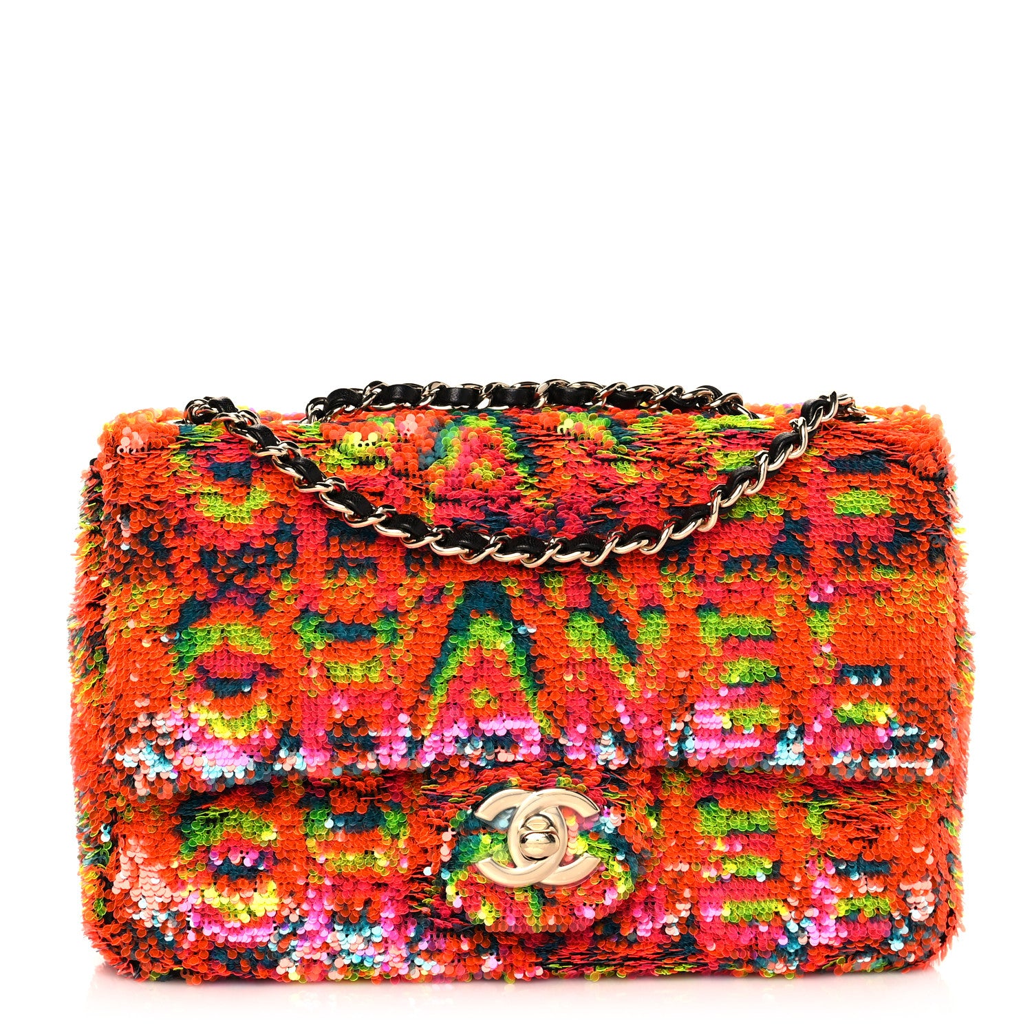Chanel Sequin Logo Single Flap Orange Turquoise Pink 1 of 10