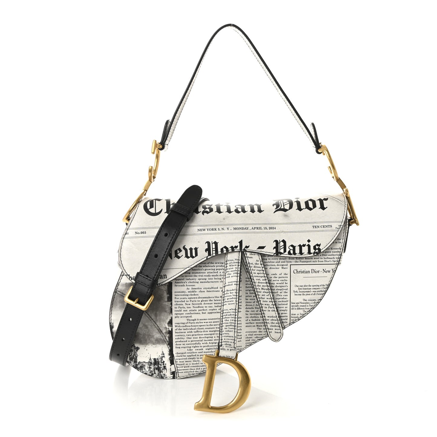 Calfskin Newspaper Printed Saddle Bag With Strap Black White